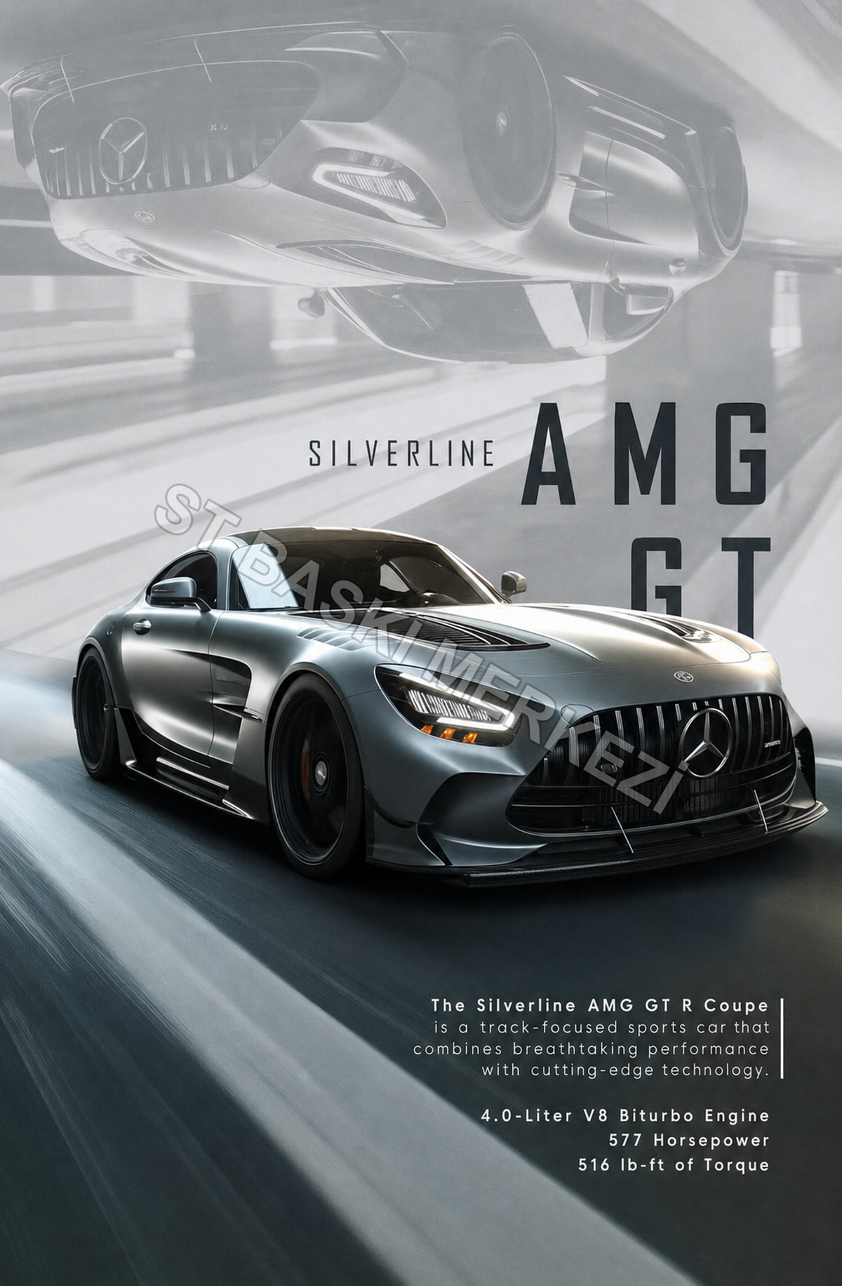 Sılverlıne Amg Gt The Silverline Amg Gt R Coupe İs A Track-focused Sports Car That Combines Breathtaking Performance With Cutting-edge Technology. 4.0-liter V8 Biturbo Engine 577 Horsepower 516 Lb-ft Of Torque Ahşap Poster 1573