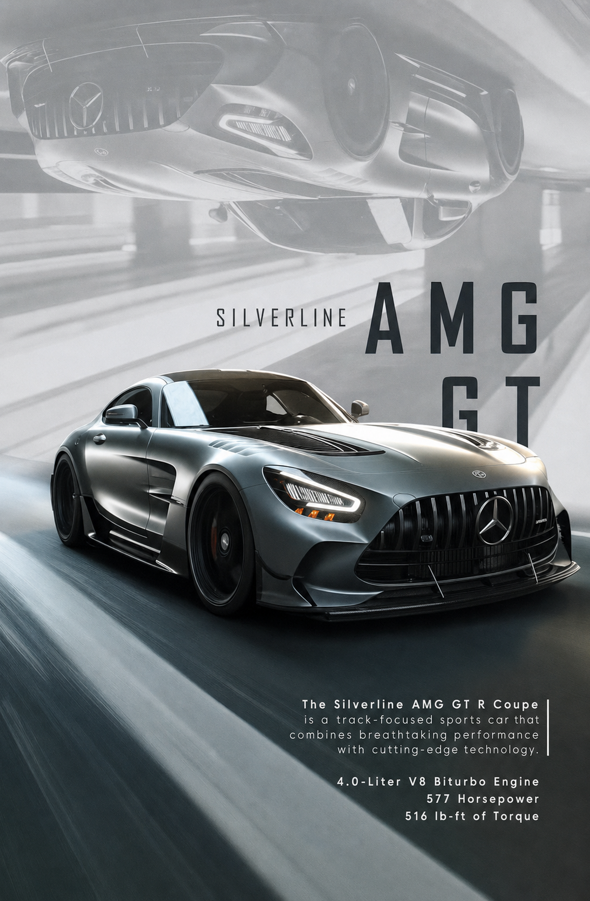 Sılverlıne Amg Gt The Silverline Amg Gt R Coupe İs A Track-focused Sports Car That Combines Breathtaking Performance With Cutting-edge Technology. 4.0-liter V8 Biturbo Engine 577 Horsepower 516 Lb-ft Of Torque Ahşap Poster 1573