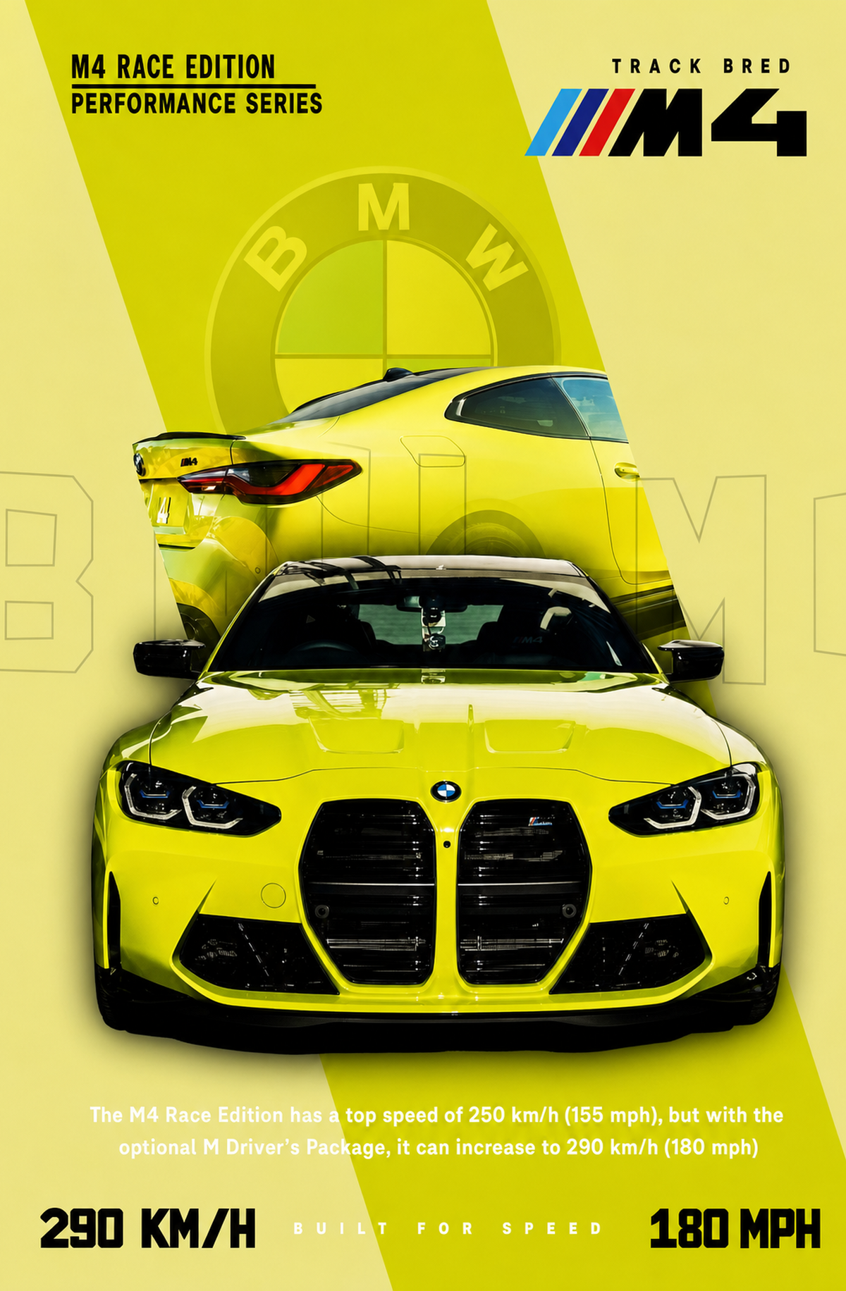 M4 Race Edıtıon Performance Serıes Track Bred M4 The M4 Race Edition Has A Top Speed Of 250 Km/h (155 Mph), But With The Optional M Driver’s Package, İt Can İncrease To 290 Km/h (180 Mph) 290 Km/h Buılt For Speed 180 Mph Ahşap Poster 1576