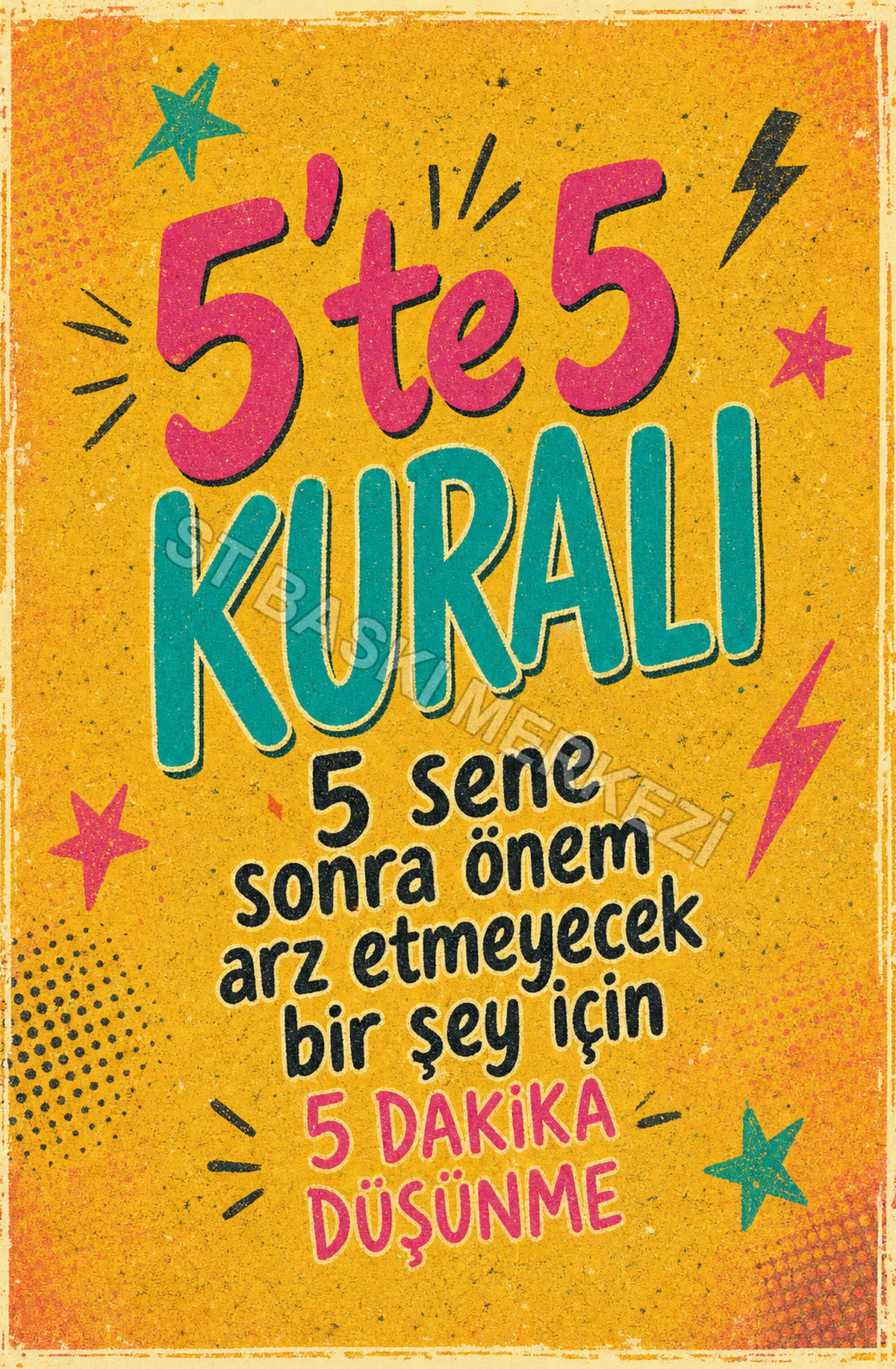 5’te 5 Kuralı 5 Sene Sonra Önem Arz Etmeyecek Bir Şey İçin 5 Dakika Düşünme Ahşap Poster 1635