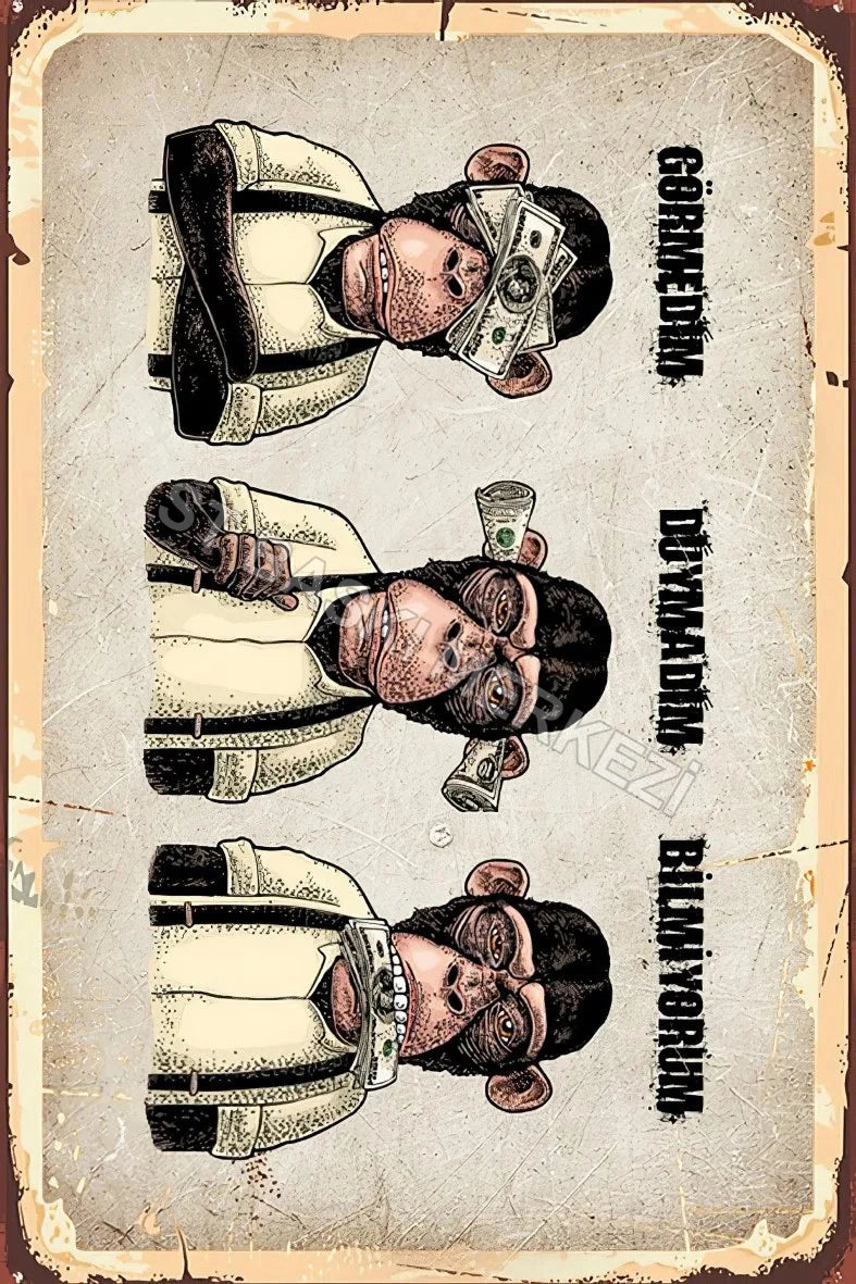 Üç Maymun Retro Ahşap Poster No:414