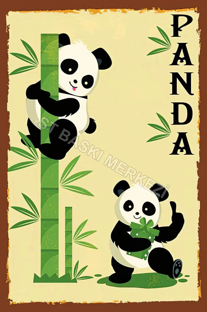 Sevimli Panda Retro Ahşap Poster No:104