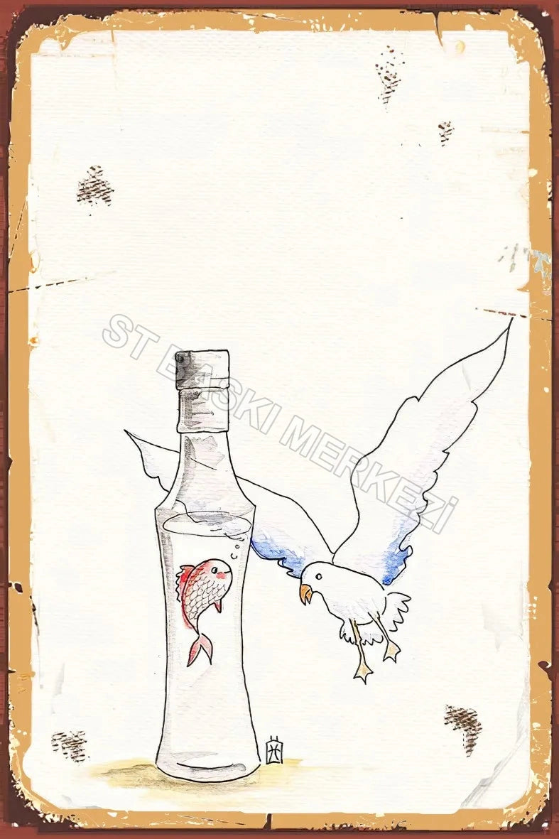 Martı ve Rakı Şişesi Retro Ahşap Poster No:919