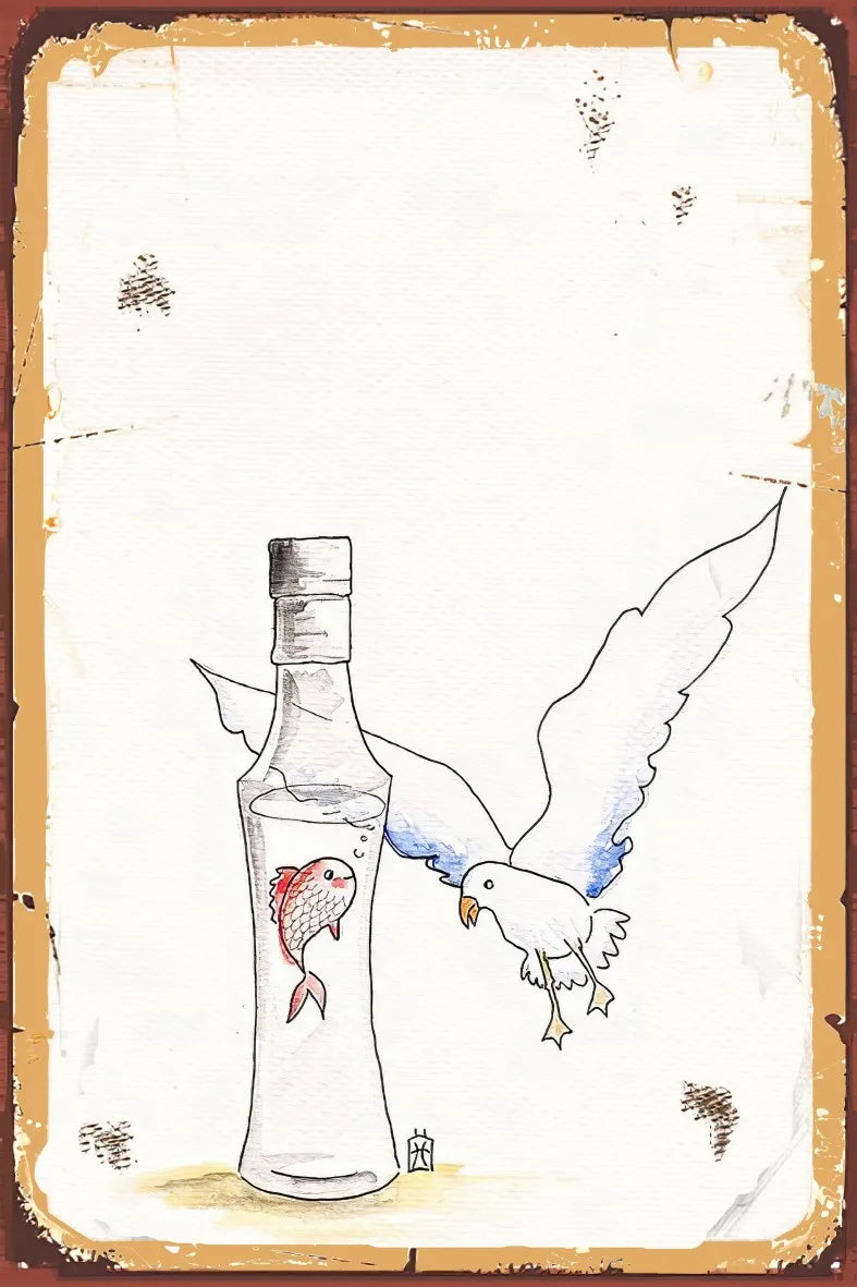 Martı ve Rakı Şişesi Retro Ahşap Poster No:919